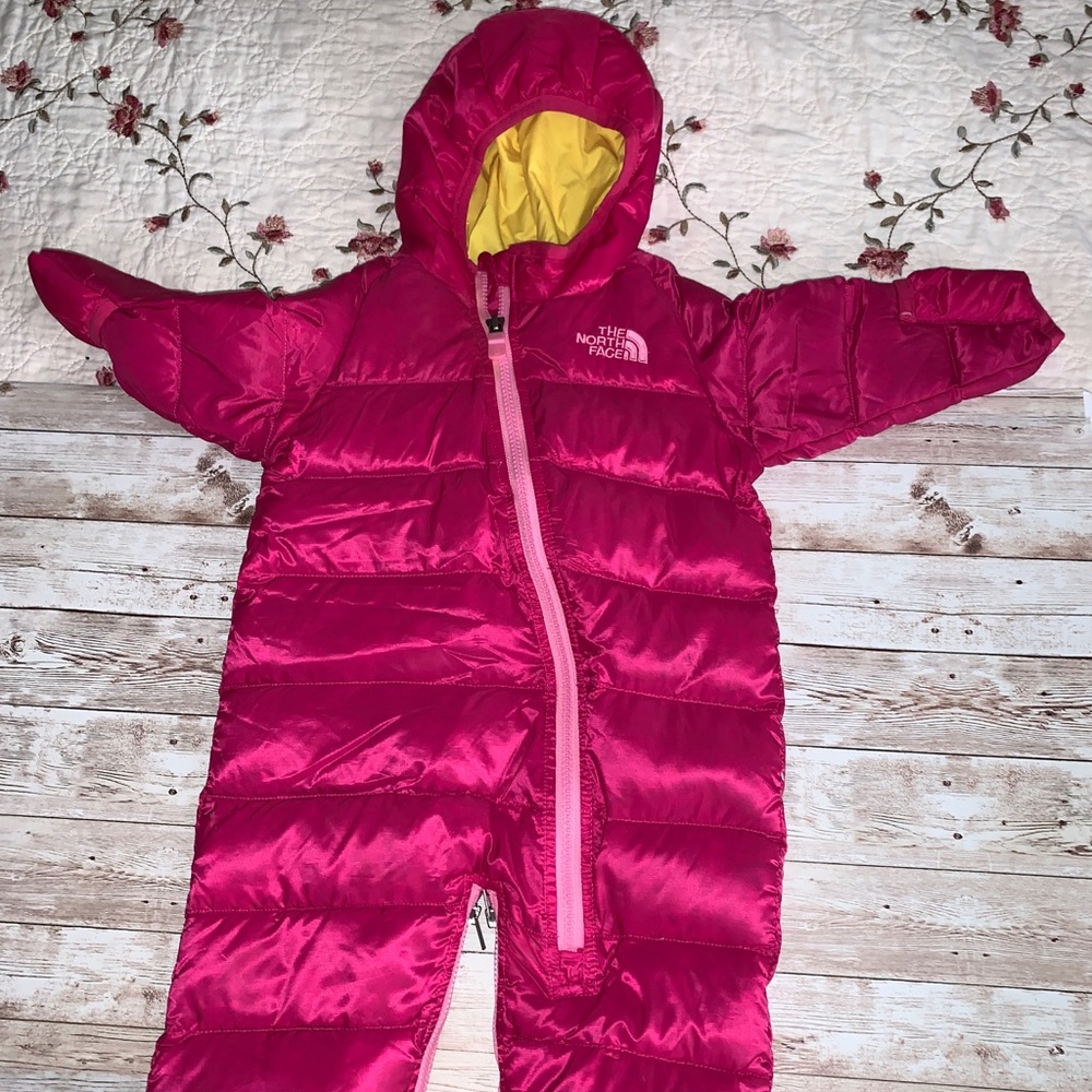 The North Face Baby Snow suite. Hot pink and yellow lining. 3-6 months